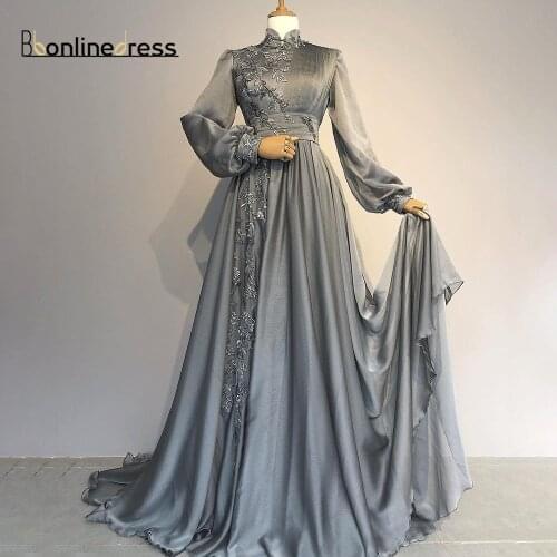 Grey Muslim Evening Dresses Moroccan Caftan Applique Formal Gown Arabic Dubai Long Sleeves Women Evening Dress robe de soiree