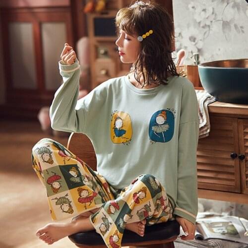 Spring And Autumn Full Sleeve Cotton Cartoon Young Girl Lovely Homewear Outside Leisurewear Suit