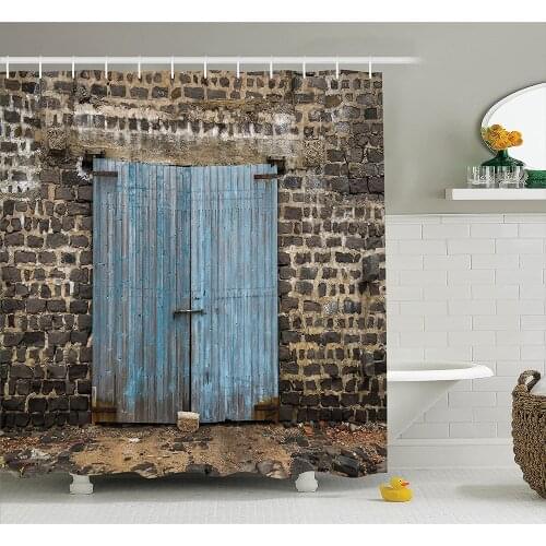 Rustic Shower Curtain Stone Wall of Dated Colored Closed Barn Gothic Medieval European Urban City Town Scenery Bath Curtains