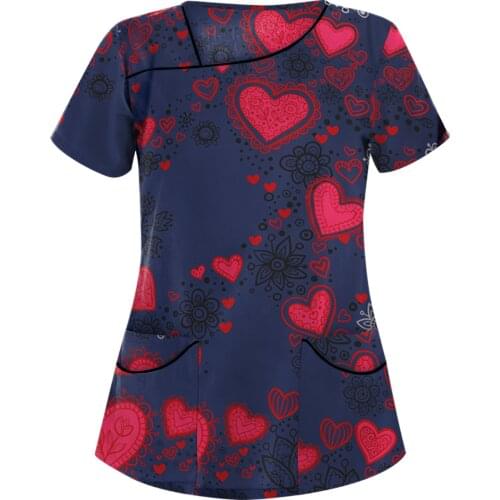2021 Womens Short Sleeve V-neck Pocket Care Workers T-shirt Tops Summer Workwear Tops Sexy Printed Nurse Uniform Clinic Blouse
