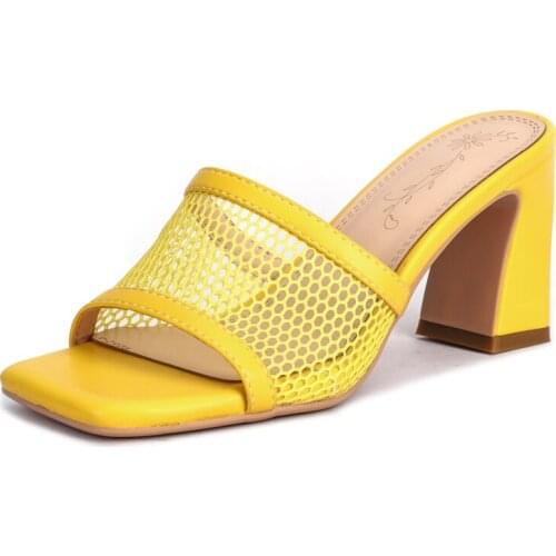 Women Slippers Sexy Ladies Summer Mesh Shoes Fashion High Thick Heels Slipper White Beige Black Yellow 7.5cm Heel Open Toe Shoes