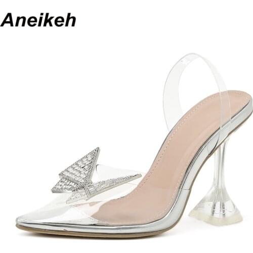 Aneikeh Summer Women Shoes Sweet Pointed Toe Sandalias Mujer PVC Fashion Butterfly-Knot Party Spike Heels Pumps Bling Slingbacks