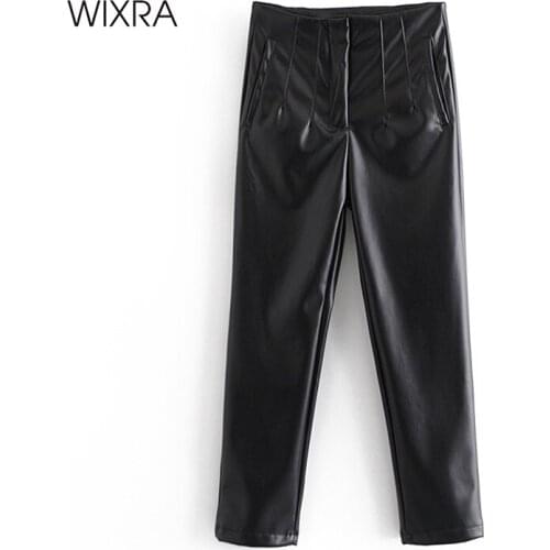 Wixra Lady Faux Leather High Waist Skinny PU Pants 2021 Spring Autumn New Fashion Velvet Pencil Trousers