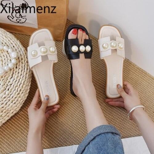 Women Slippers Fashion Pearl Design Elegant Flat Shoes 2021 Sell Well Korean Version Beige Low Heel Ladies Flip Flop Casual