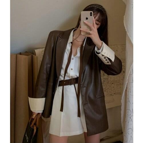 Women Faux Leather PU Blazer Jackets Vintage Casual Loose Korean Fashion Leathers Jacket Femme Casaco Feminino Jaqueta Chaquetas