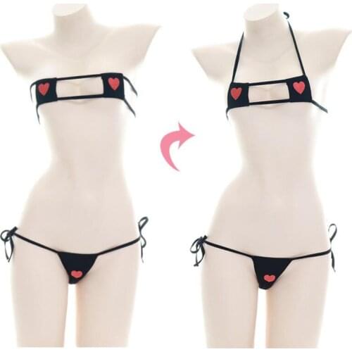 Japanese Sexy Lingerie Lolita Kawaii Black White Heart Print Mini Bikini Adult Cosplay Erotic Costumes Bra Women Underwear Set