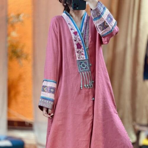 2021 Autumn New Dress Women Retro Loose Nationtl Dress Ladies V-Neck Button Embroidery Casual Dress