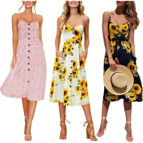 New 2018 Casual Boho Style Floral Print Summer Dress Women Beach DressesTunic V Neck Strap Backless Midi Vestidos W4