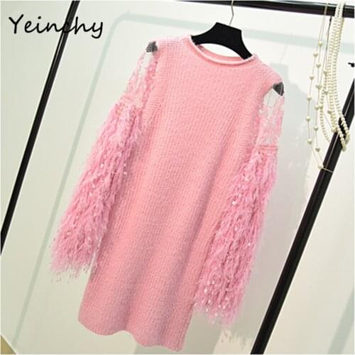 Yeinchy women fashion O neck long sleeve stretch and loose sweater ladies autumn winter tassel sweater dress FM6196