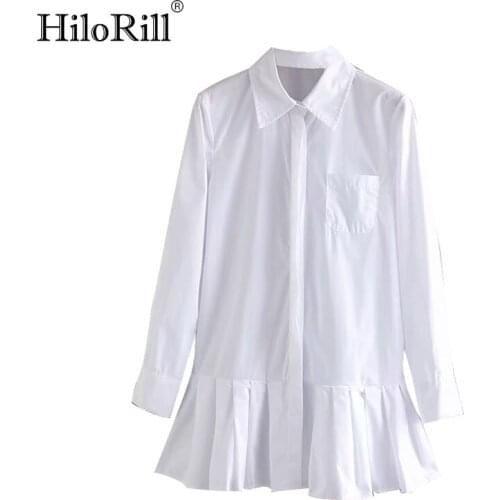 HiloRill Women White Pleated Shirt Mini Dress Long Sleeve Turn Down Collar Office Dresses Solid Casual A-line Dress Vestidos