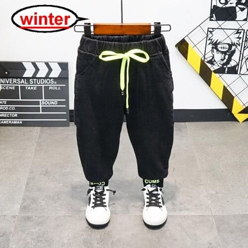 2020 Leisure Winter Black Plus Velvet Boys Jeans 2year - 9year Kids Thicken Add Wool Pants Childrens Sports Pants