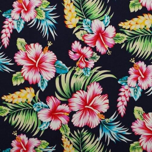 1 Yard Cotton Poplin Fabric for Sewing Patchwork, Dress, Cloth - Flower and Leave on Deep Blue Background (width=140cm)