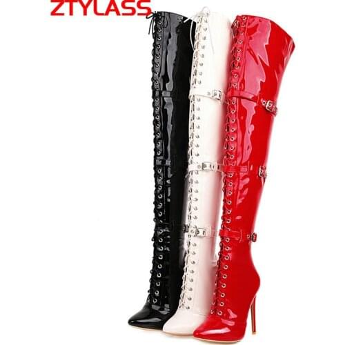 2021 Lace Up Motorcycle Boots Over The Knee Boots Patent Leather Thin High Heel Long Boots Autumn Winter Buckle Women Shoes