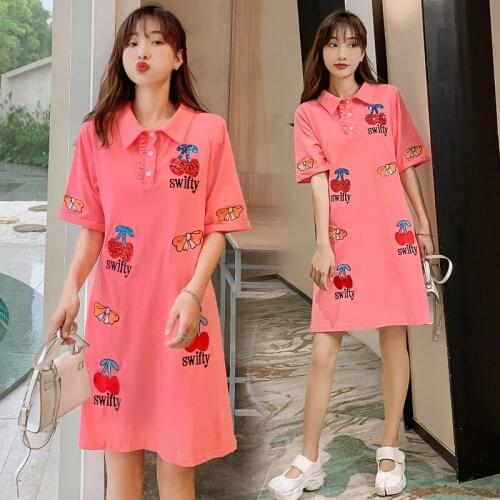 751# Maternity Clothes Summer Cotton Turn Down Collar POLO Short Sleeves Loose Stylish Dress Pregnant Women Mom Dress