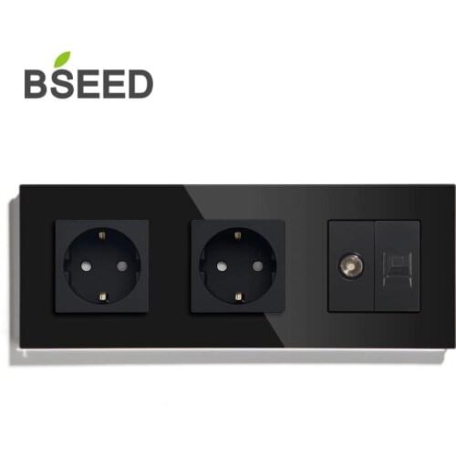 BSEED Double Triple Socket EU Standard With TV PC Socket White Black Golden 288mm Size