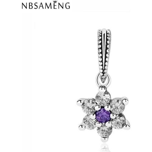 925 Sterling Silver Crystal Charms Fit Bracelets Beads Forget Me Not Pendant Charm Purple CZ Women DIY Jewelry Making