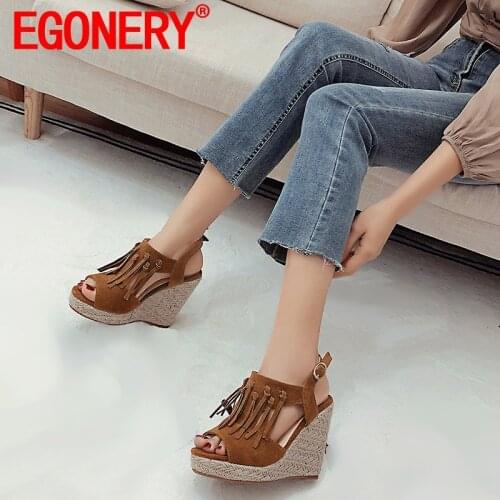 EGONERY Women Leisure Slope Heel Sandals summer New Style fringe decoration Concise Comfortable lovely sweet office lady