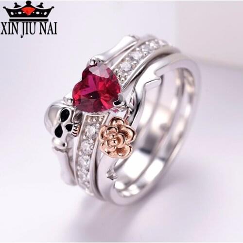 European and American fashion punk 2 pieces/set skeleton heart-shaped Ruby zirconium CZ lady ring party exquisite jewelry suit