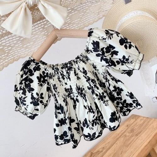 Girl Flowers Short Sleeve T-Shirt Summer Children Girl Crumpled One Shoulder Blouse Puff Sleeve Tunic Top Kid Clothing For Girl