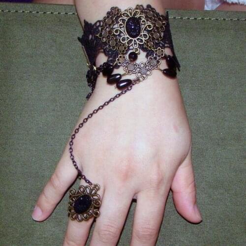 Hot selling high quality Lureme Brand Vintage Style Beaded Black Lace Ring Bracelet set Fashion Lady Elegant Gift Jewelry