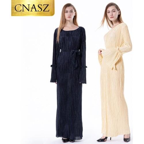 Muslim fashion abaya dubai long sleeve with belt max silky fabric woman wrinkle hijab dress
