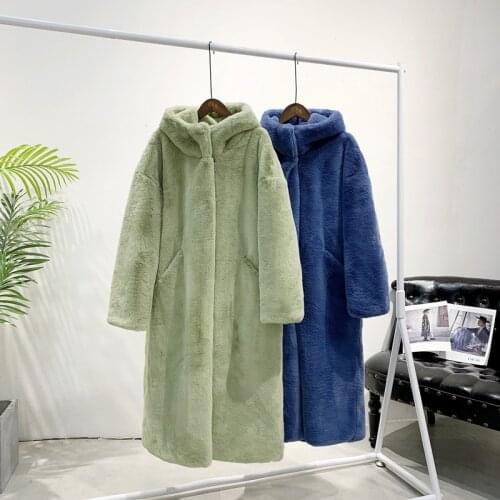 Palenda New Women Winter Thick Warm Coat with Fur Trim Hood Faux Rabbit Fur Femal Long Coat Single Breasted