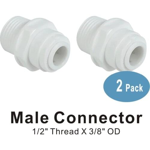 Male Connector 1/2" Thread x 3/8" Quick Connect Fitting Parts for RO Systems and Water Filters - 2 PACK