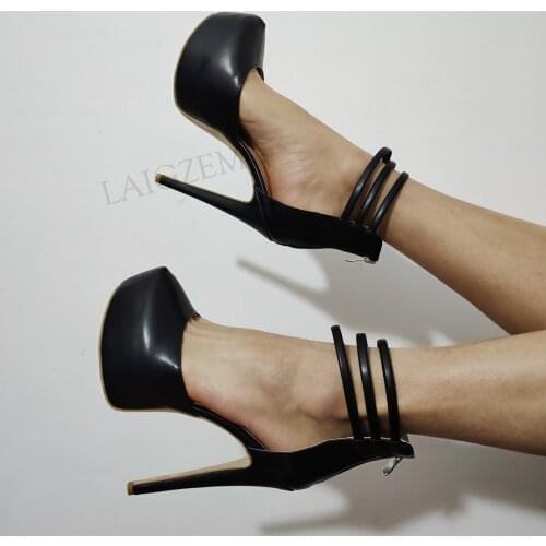 LAIGZEM Women Platform Pumps High Heels Back Zip Black Zip Saandals Faux Leather Party Zapatos Shoes Woman Big Size 42 47 50 52