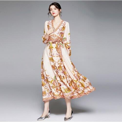 WTIANYUW New 2021 Fashion Designer Maxi Dress Womens Long Sleeve V Collar Vintage Printed Elegant Temperament Dress