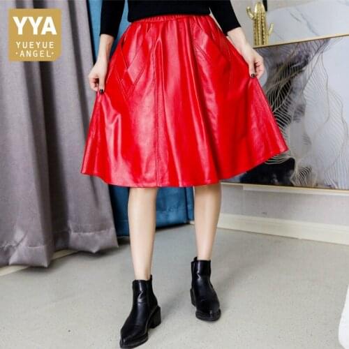 Womens Casual Elastic Waist A-Line Skirts Streetwear Red Medium Long Knee-Length Skirt Fashion Big Pockets High Waist Skirts
