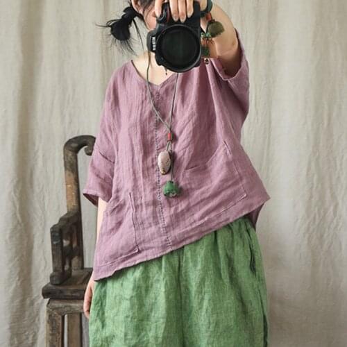 Johnature Women Linen Shirts V-Neck Short Sleeve Vintage Loose Blouse 2021 Summer New Solid Color Loose Chinese Style Shirts