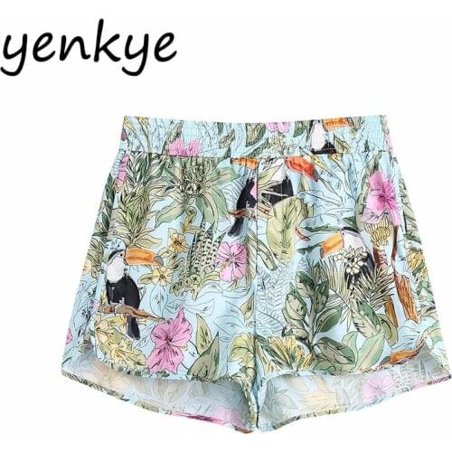 YENKYE Vintage Animal Floral Print Shorts Women Elastic High Waist Casual Short Pants Femme Summer pantalones cortos