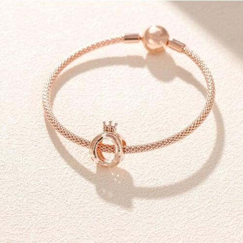Original 925 Sterling Silver Fashion Creative Elegant Rose Gold Glitter Elegant Set Fit for Women Pan Bracelet DIY Jewelry