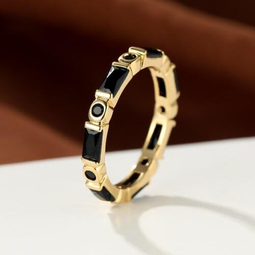 18K Gold Geometric Ring for Women Square Round Black Zircon Rings S925 Silver Finger Jewelry Wedding Party Gift Hand Wear Charms