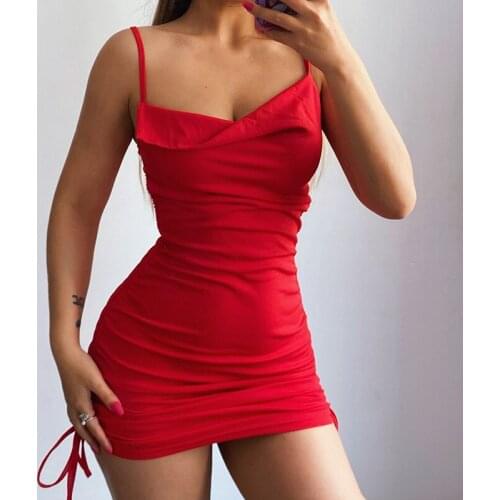 Women White Dress Summer Sexy Spaghetti Strap Sleeveless Irregular Strapless Pleated Mini Dress Drawstring Short Prom Red Dress
