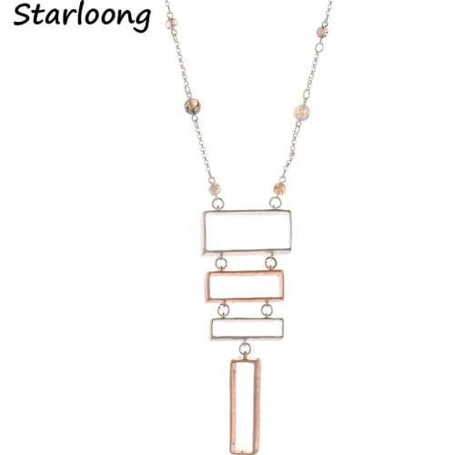 New Fashion Square Shape Plating Statement Alloy Penadant Long Link Chain Necklace with Texture Beads for Women Sweater Necklace
