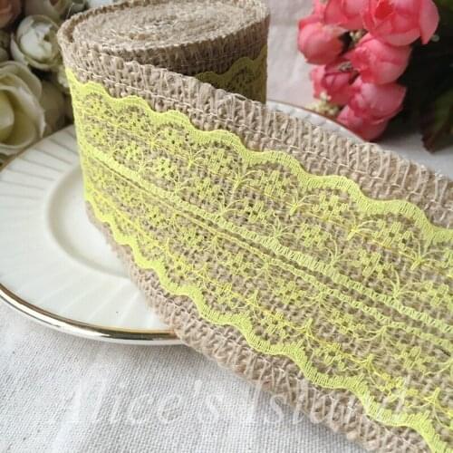 2meter/roll Jute Burlap Hessian Ribbon with Yellow Lace rustic wedding decor vintage wedding decoration christmas decoration