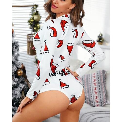 2021 Festival Cute Christmas Hat Print Long Sleeve Lounge Romper Casual Sexy Corset Womens Bodysuit Summer Home Short Jumpsuits