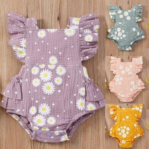 2021 Fashion Kids Clothes Girls Outfits Infant Girl Summer Flowers Print Ruffled Flying Sleeve Fashion Jumpsuit ropa niña