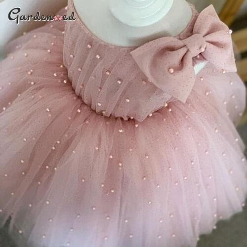 Pearls Glitter Flower Girl Dresses Single Bow Shoulder Ball Gown Girl Wedding Party Dresses Girl Communion Dress New Year 2021