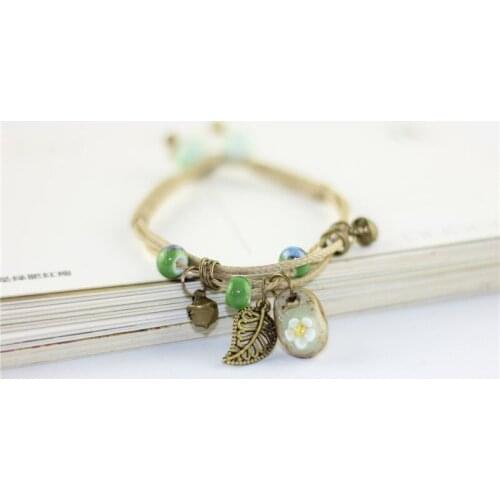 12 Pieces/Lot Flower Beads Ceramic Bell Wristbands Bracelet Women Men Link Chain Weave Rope Bangle Ethnic Jewelry Fashion Anklet
