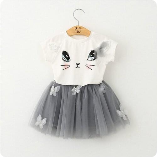 Summer New Pattern Korean Girl Childrens Garment Cartoon Kitty T-Shirt Sweater Yarn Nail Pearl Short Skirt Girl 2 Pieces Suit