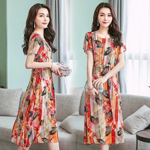 Plus Size Elegant Floral Dress Middle-Aged And Elderly Cotton Silk Mid-Length Dress Drawstring Pleated Skirt 2021Summer New 5XL