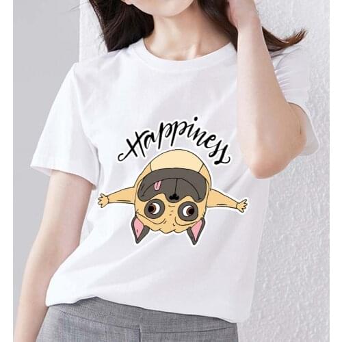 Classic Womens T-shirt Casual Self-cultivation Funny Happy Dog Print Series Simple O-neck Cartoon Ladies Comfortable White Top