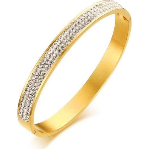 Stainless Steel 3 Colors Cuff Bracelets & Bangles For Women Trendy 3 Rows Crystal Stone Bangle Jewelry Bilezik B18096