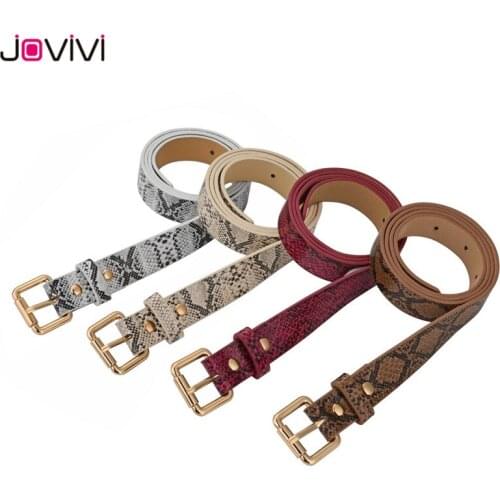 Jovivi 1pc Womens Thin Belt Gold Square Pin Buckle Waistband PU Leather Belts Women Snake Pattern For Dress Jeans Leather Belt