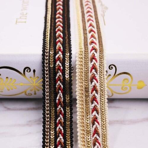 Polyester Ribbon Trim Beige Black Lace Fabric With Metal Chain Women Dress Clothes Qipao DIY Decorations 25mm 0.9m(1 Yard)