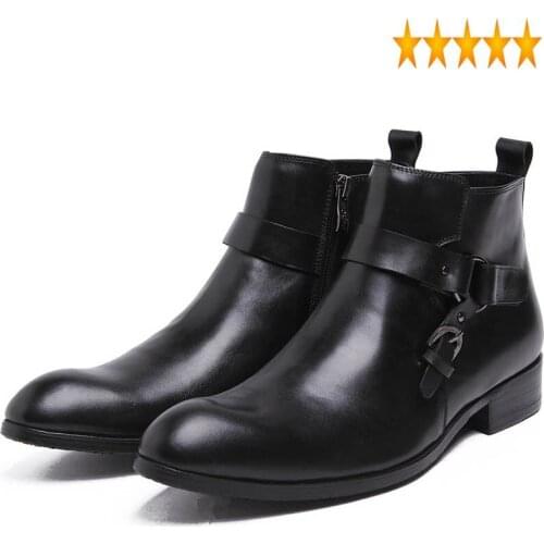 Buckle Mens Chelsea Boots With Genuine Leather Brogue Business Casual Office Wedding Dress Shoes Pointed Toe Ankle Botas