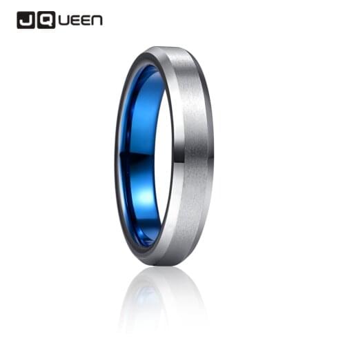 JQueen 4mm Blue Outer Ring Steel Salad Chamfered Tungsten Carbide Ring Wedding Band for Men Comfort Fit Rings Engagement Jewelry