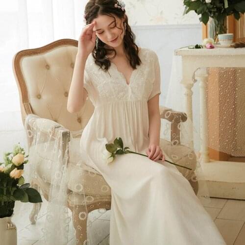 Night Dress Ladies Home Clothes For Woman Sexy Nightgown Deep V Neck Short Sleeve White Sleepwear Womens Cotton Phoentin FG333